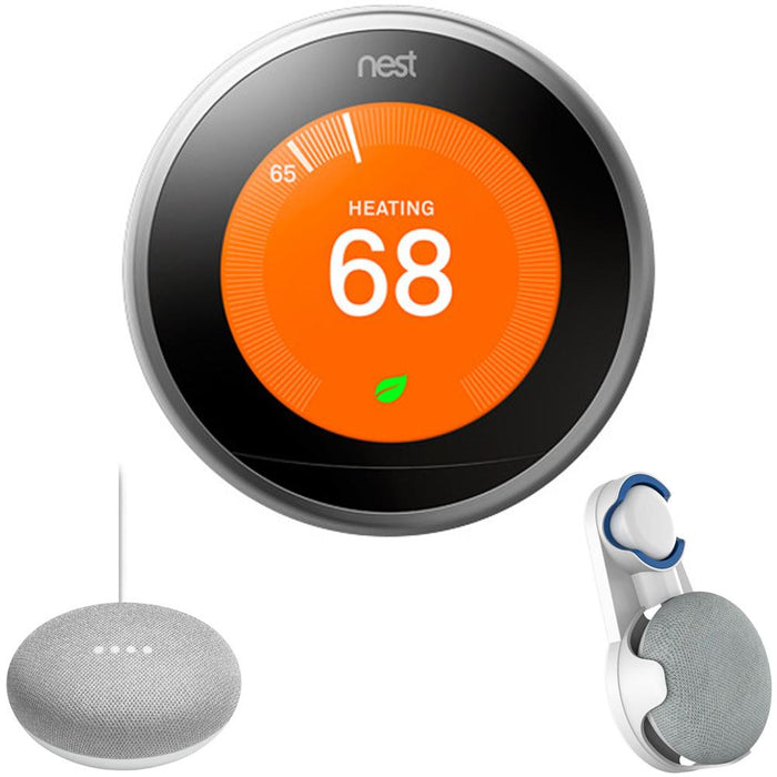 Google Nest Learning Thermostat Gen3 Stainless Steel, Chalk Google Home Mini  & Wall Mount