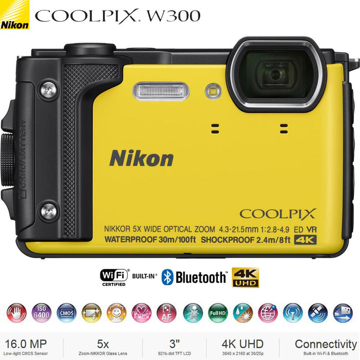 Nikon COOLPIX W300 16MP 4k Ultra HD Digital Camera (Yellow) - Certified Refurbished