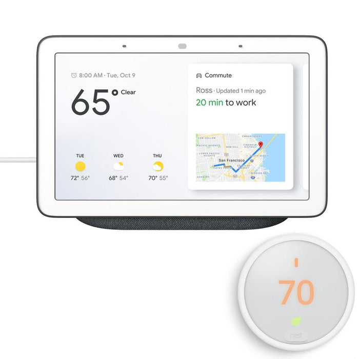 Google Nest Hub w Google Assistant Charcoal GA00515-US + Google Nest Thermostat E White