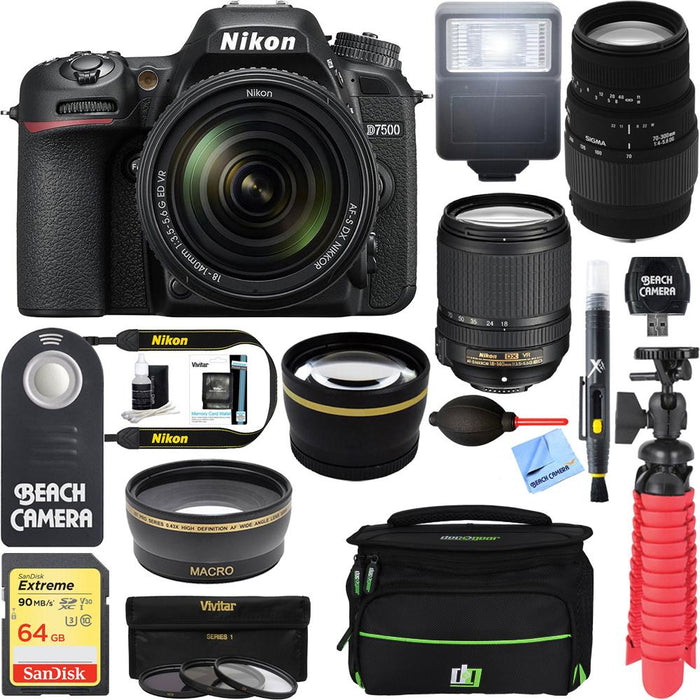 Nikon D7500 20.9MP Digital SLR Camera + 18-140mm VR & 70-300mm Macro Lens Bundle