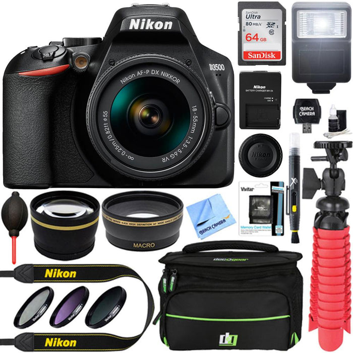Nikon D3500 24.2 MP DSLR Camera w/ AF-P DX 18-55mm VR Lens Kit + Memory Bundle (Black)