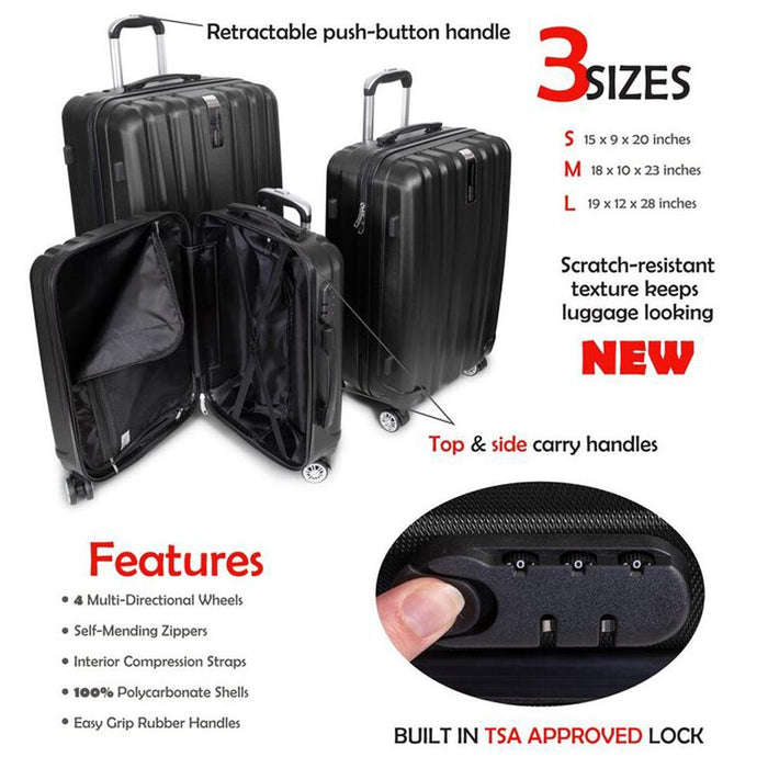 Deco Gear Travel Elite Series - 3 Piece Hardside Spinner Luggage Set (Black)(20",24",28")