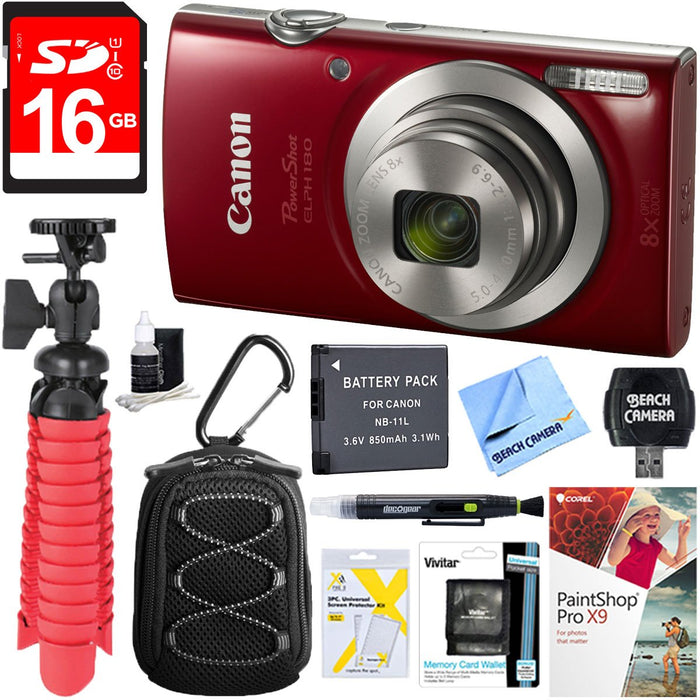 Canon PowerShot ELPH 180 8x Optical Zoom Digital Camera (Red) + 16GB Accessory Kit