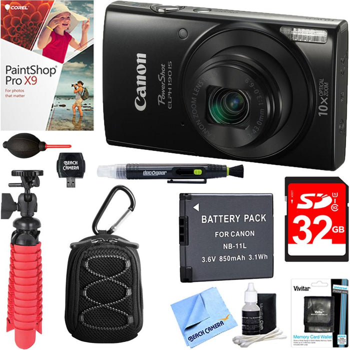 Canon PowerShot ELPH 190 IS Digital Camera (Black) + 32GB Deluxe Accessory Bundle