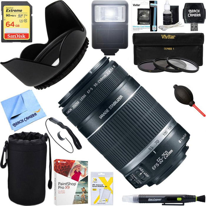Canon EF-S 55-250mm f/4-5.6 IS II Stabilized Telephoto Lens + 64GB Ultimate Kit
