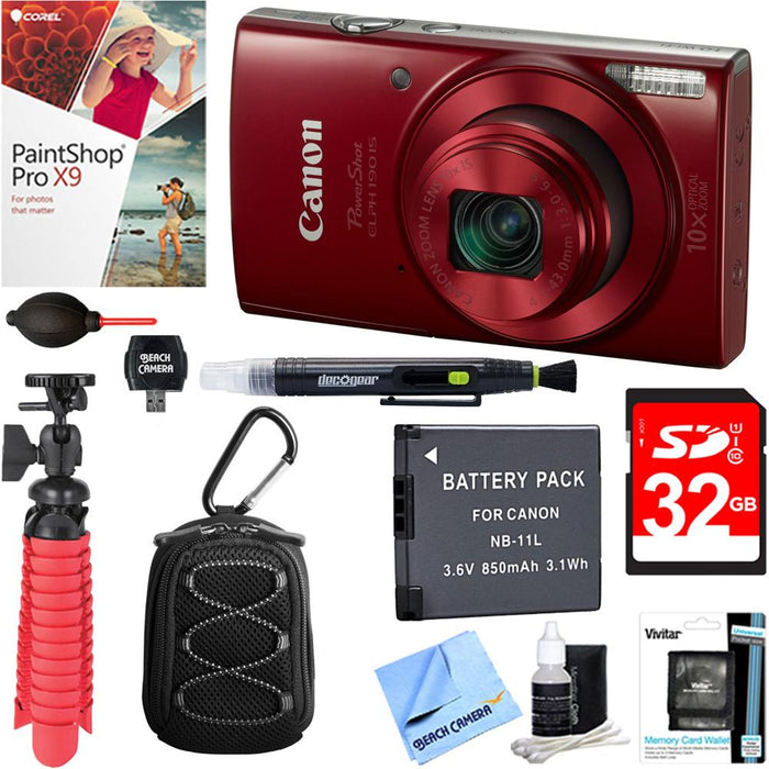 Canon PowerShot ELPH 190 IS Digital Camera (Red)+ 32GB Deluxe Accessory Bundle