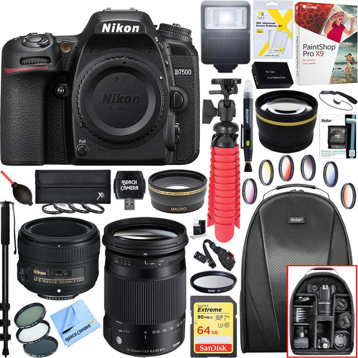 Nikon D7500 20.9MP DX-Format 4K DSLR Camera Body + 18-300mm and 50mm Lens Bundle