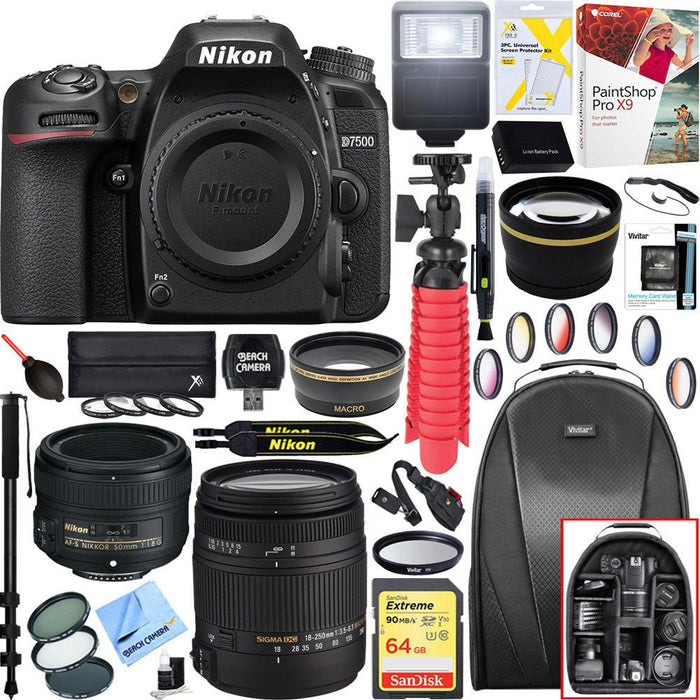 Nikon D7500 20.9MP DX-Format 4K DSLR Camera Body + 18-250mm and 50mm Lens Bundle