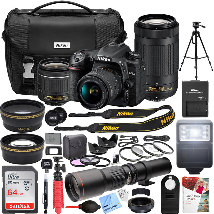 Nikon D7500 20.9 MP DSLR 4K UHD Camera AF-P DX 18-55mm & 70-300mm NIKKOR Lens Pro Kit