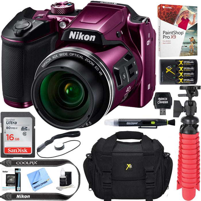 Nikon COOLPIX B500 16MP Digital Camera (Plum) +Accessory Bundle