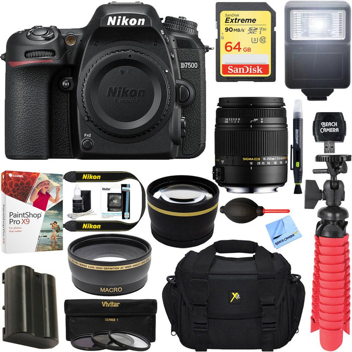 Nikon D7500 20.9MP Digital SLR Camera + Sigma 18-250mm Macro Lens & Accessory Bundle
