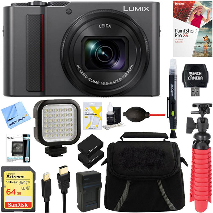 Panasonic LUMIX Digital Camera ZS200, 24-360mm Lens Silver+64GB Dual Battery Deluxe Bundle