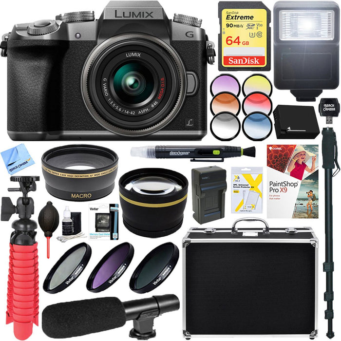 Panasonic LUMIX G7 Mirrorless Digital Camera (Silver) w/ 14-42mm Lens 64GB Microphone Kit
