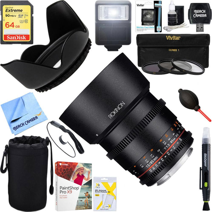 Rokinon DS 85mm T1.5 Full Frame Cine Lens for Sony E Mount + 64GB Ultimate Kit