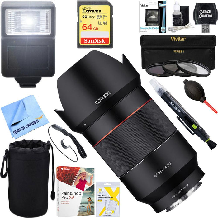Rokinon AF 35mm f/1.4 Auto Focus Full Frame Wide Angle Lens + 64GB Ultimate Kit