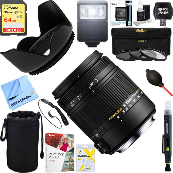 Sigma 18-250mm F3.5-6.3 DC OS HSM Macro Lens for Nikon AF + 64GB Ultimate Kit