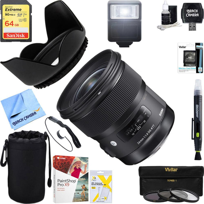 Sigma 24mm f/1.4 DG HSM Wide Angle Lens Art for Sony E Mount + 64GB Ultimate Kit