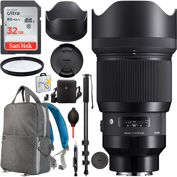 Sigma 85mm f1.4 DG HSM Art Lens for Sony E-Mount Cameras HD UV Filter Backpack Bundle
