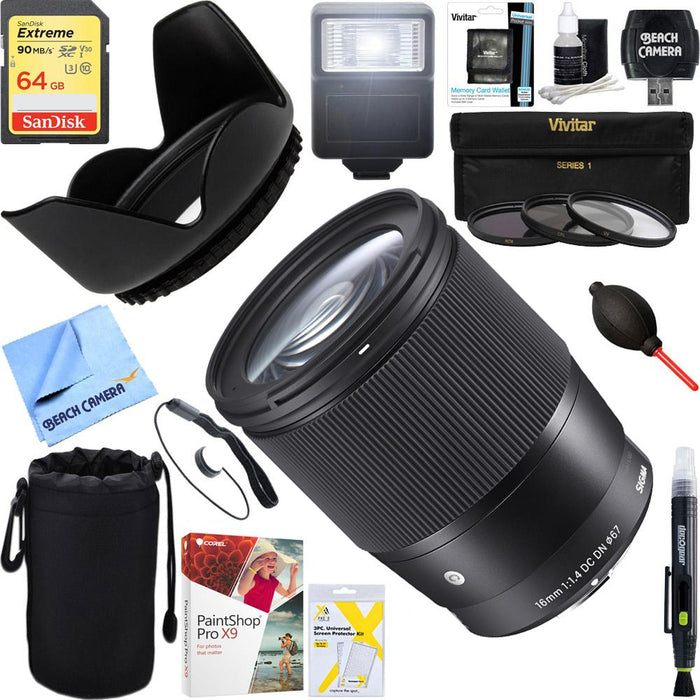 Sigma 16mm F1.4 DC DN Sony E Mount Lens + 64GB Ultimate Kit