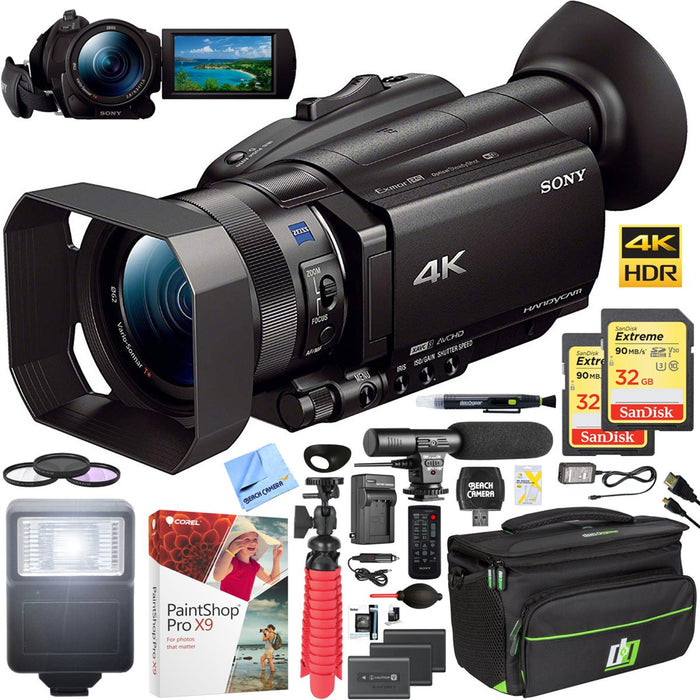 Sony FDR-AX700 4K HDR Handycam Camcorder with 2x Spare Battery Microphone Case Bundle