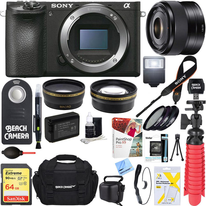 Sony ILCE-6500 a6500 4K Mirrorless Camera Body w/ 35mm Prime Fixed Lens Accessory Kit