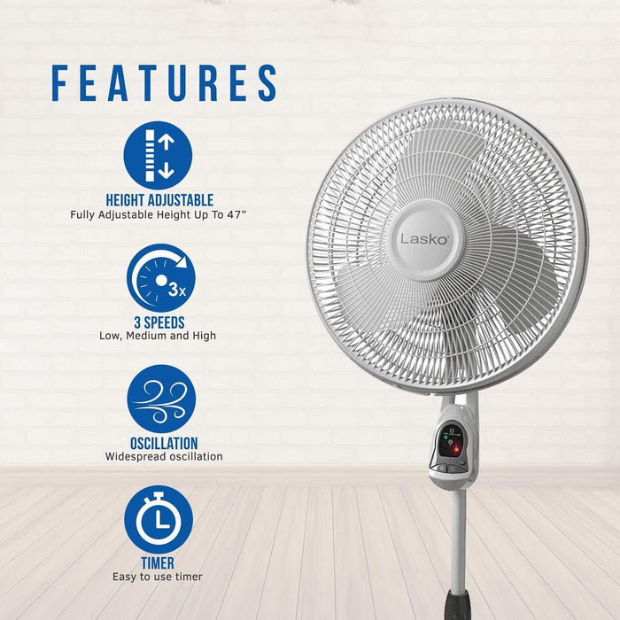 Lasko 16-inch 3-Speed Oscillating Floor Fan with Adjustable Height,  Tilt-Back Head, Widespread Oscillation, and Patented Blue Plug Safety Fuse,  Black