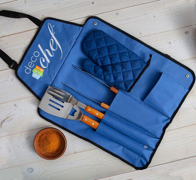 Deco Gear 3 Piece BBQ Tool Set with Custom Blue Apron, Spatula, Tongs, Fork and Oven Mitt