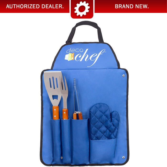 Deco Gear 3 Piece BBQ Tool Set with Custom Blue Apron, Spatula, Tongs, Fork and Oven Mitt