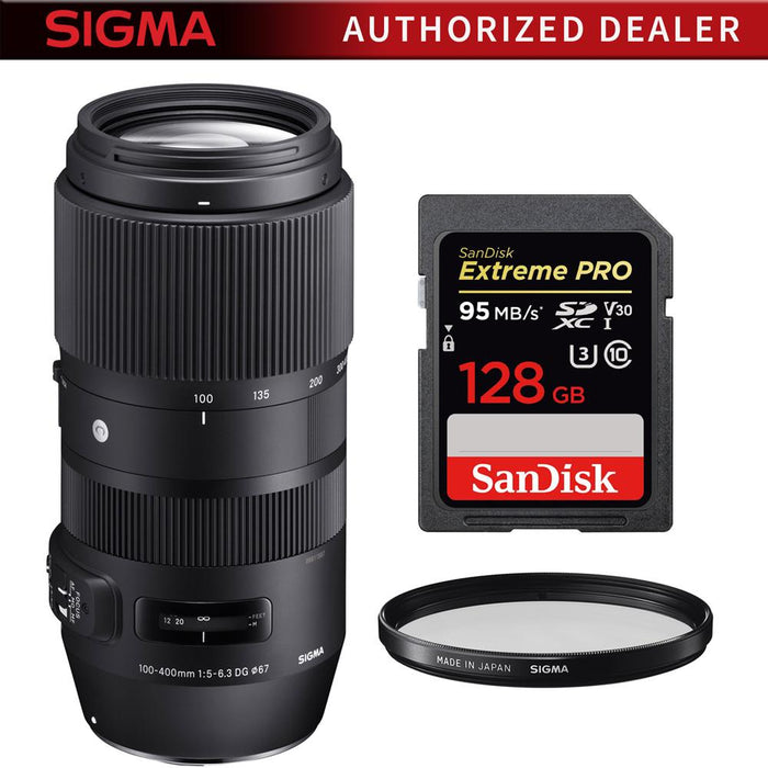 Sigma 100-400mm F5-6.3 DG OS HSM Telephoto Lens Canon + 128GB Memory Card Bundle