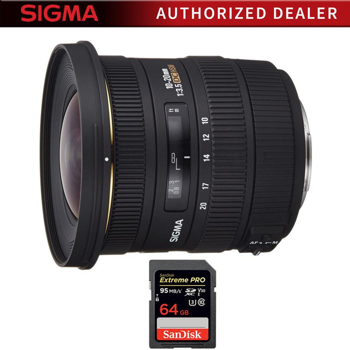 Sigma 10-20mm F3.5 EX DC HSM A-Mount Lens for Sony with Sandisk 64GB Memory Card