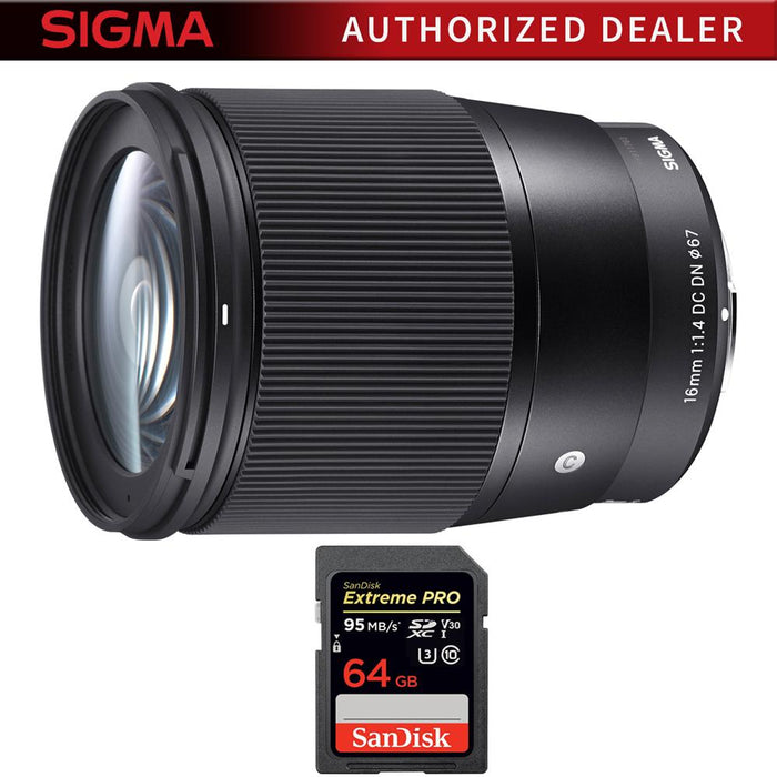 Sigma 16mm F1.4 DC DN Lens for Micro 4/3 Mount + 64GB Memory Card