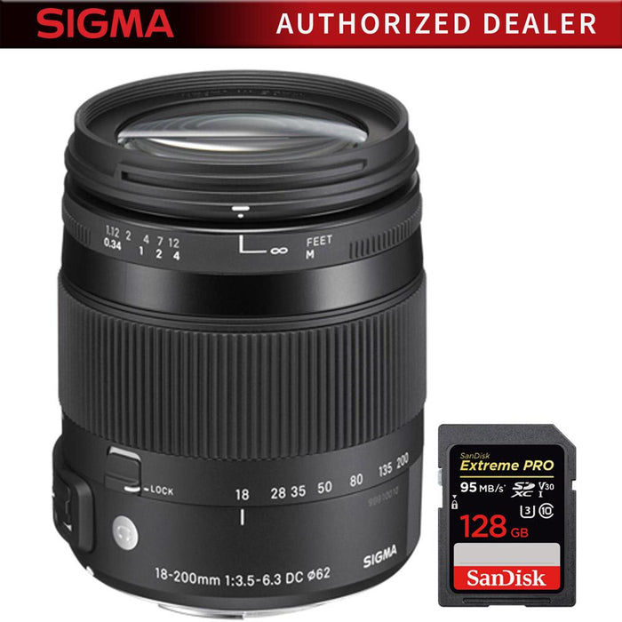 Sigma 18-200mm F3.5-6.3 DC Macro OS HSM Lens for Canon EO + 128GB Memory