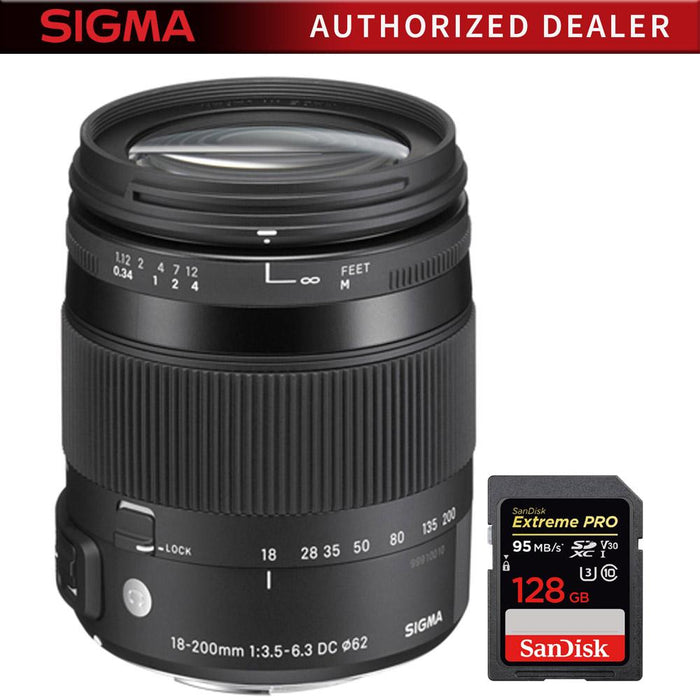 Sigma 18-200mm F3.5-6.3 DC Macro OS HSM Lens for Nikon + 128GB Memory