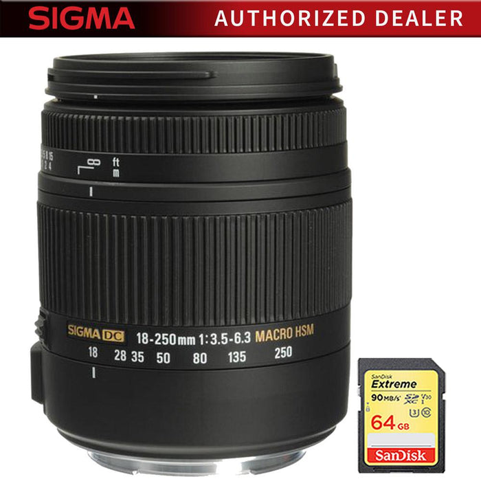 Sigma 18-250mm F3.5-6.3 DC OS HSM Macro Lens for Canon EF Cameras w/ 64GB Memory Card