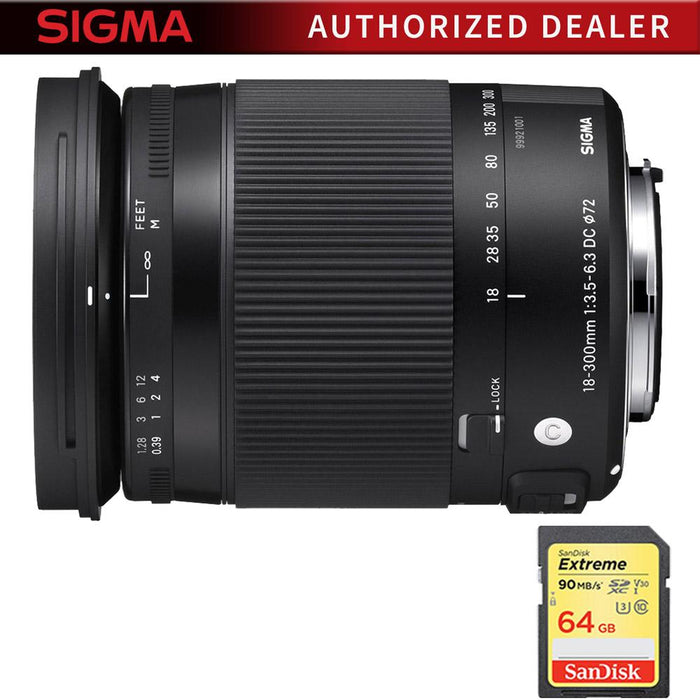 Sigma 18-300mm F3.5-6.3 DC Macro OS HSM Lens for Canon EF Cameras w/64GB Memory Card