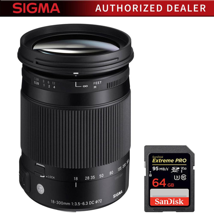 Sigma 18-300mm F3.5-6.3 DC Macro HSM A-Mount Lens + Sandisk 64GB Memory Card