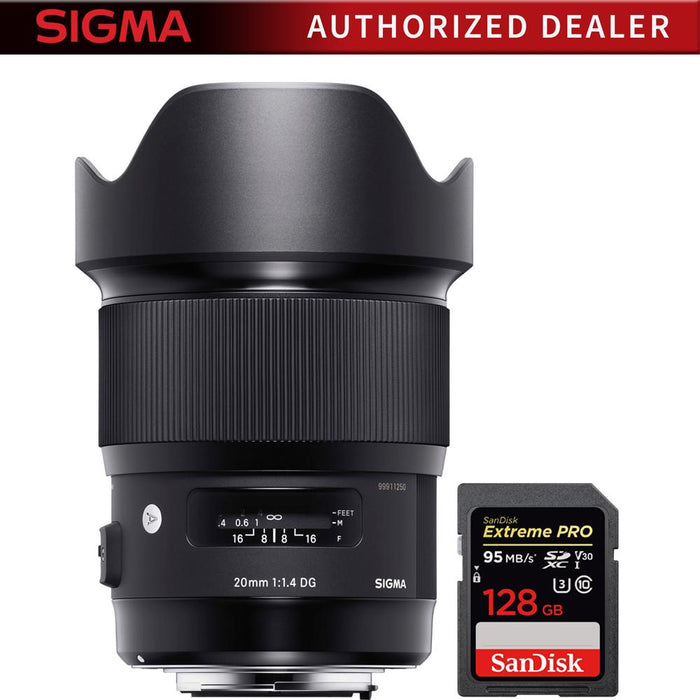 Sigma 20mm F1.4 Art DG HSM Wide Angle Lens for Canon DSLR Cameras + 128GB Memory