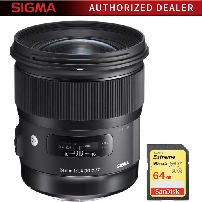 Sigma 24mm f/1.4 DG HSM Wide Angle Lens Art for Sony E Mount Cameras + 64GB Card