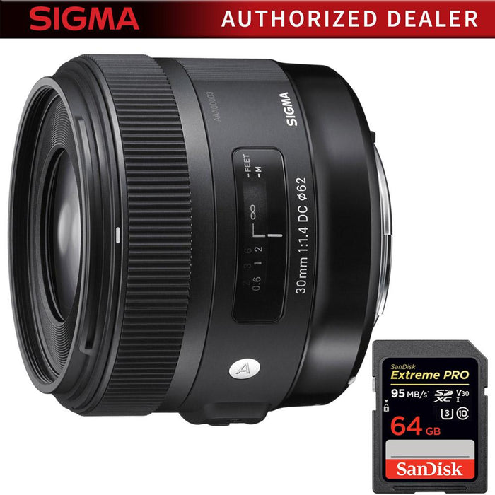 Sigma 30mm F1.4 Art DC HSM Lens for Sony Mounts with Sandisk 64GB Memory Card