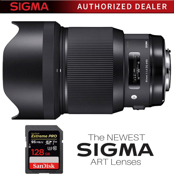 Sigma 85mm F1.4 DG HSM Art Lens (321955) for Nikon + SanDisk 128GB SDXC MemoryCard