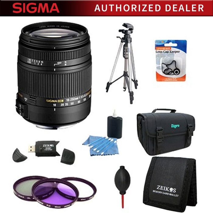 Sigma 18-250mm F3.5-6.3 DC OS HSM Lens for Canon EOS w/ 62mm Filter Lens Kit Bundle