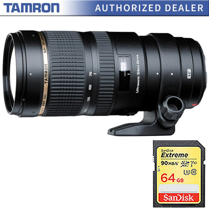 Tamron SP 70-200mm F/2.8 DI VC USD Zoom Lens For Canon EOS w/ 64GB Memory Card