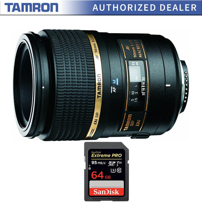 Tamron 90mm F/2.8 DI SP AF Macro 1:1 Lens For Canon EOS with 64GB Memory Card