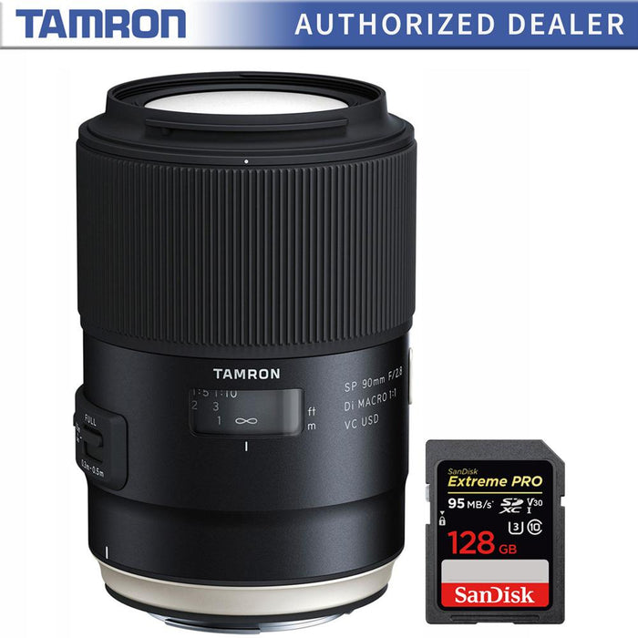 Tamron SP 90mm f/2.8 Di VC USD 1:1 Macro Lens for Canon (F017) with 128GB Card