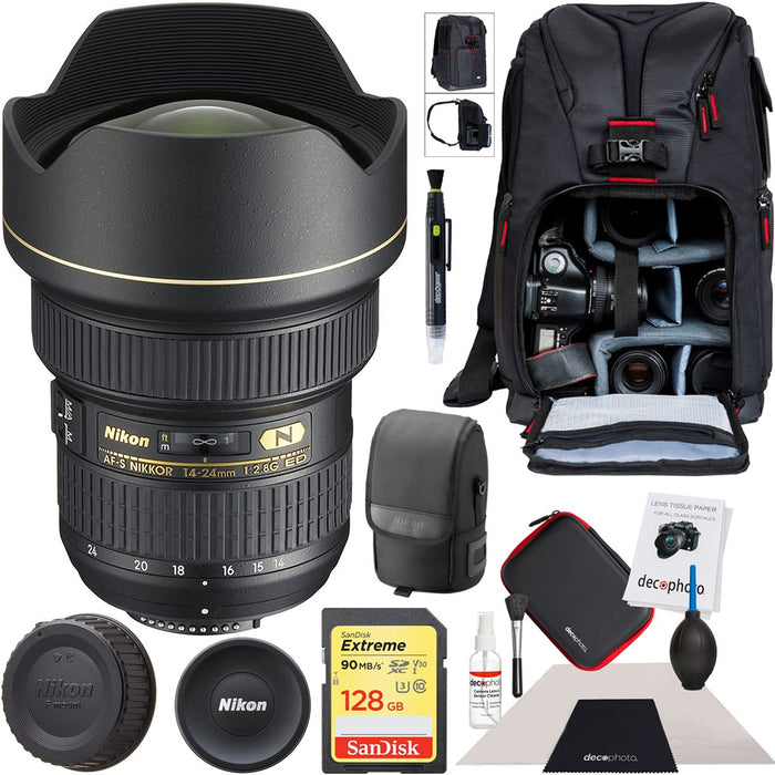 Nikon AF-S NIKKOR 14-24mm f/2.8G ED DSLR Camera Zoom Lens Deco Gear Backpack 128GB Kit