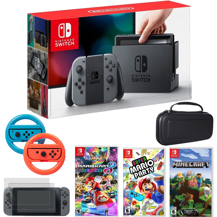 Nintendo Switch Console Gray Joy Con+Mario Kart 8 Deluxe,Super Mario Party+Minecraft Kit
