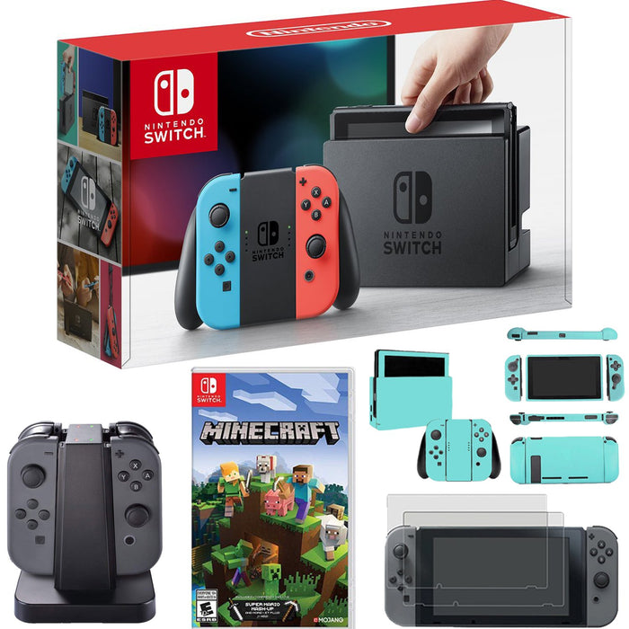 Nintendo Switch Console with Neon Blue+Red JoyCon & Minecraft ,Joy-Con Charging Dock Kit