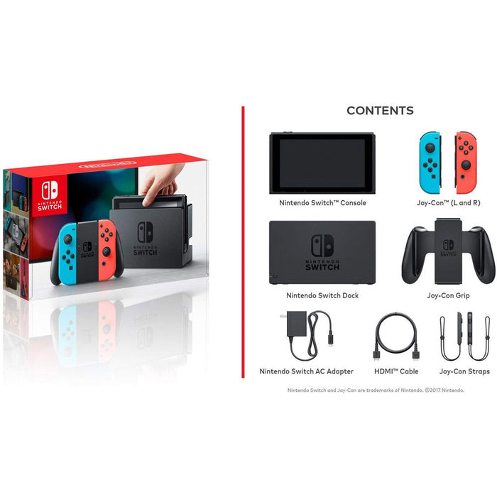 Nintendo Switch 32 GB Console w/ Neon Blue and Red Joy-Con + Gaming Bundle