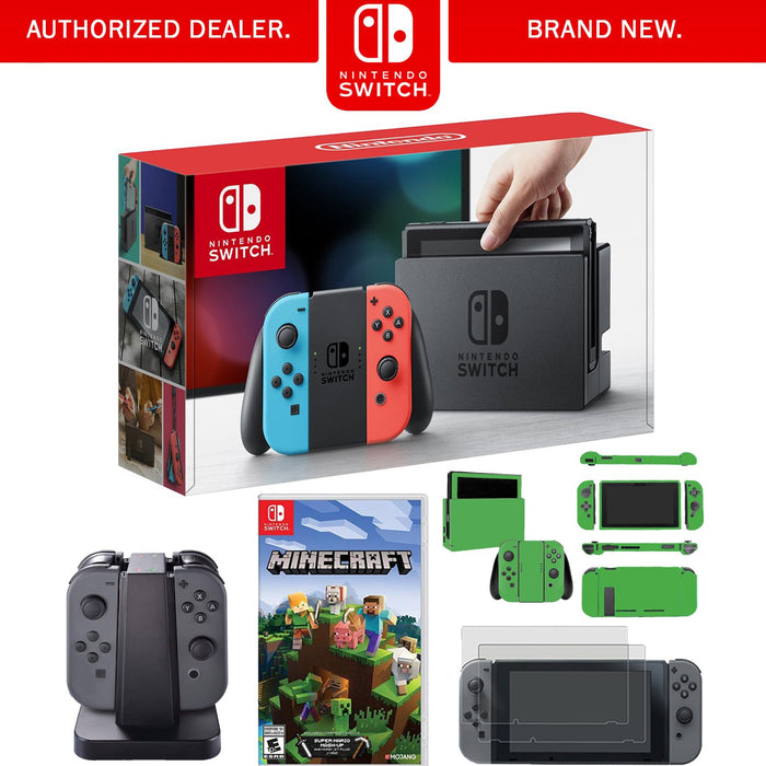 Nintendo Switch Console with Blue+Red JoyCon + Minecraft, JoyCon Charging Dock + More Kit