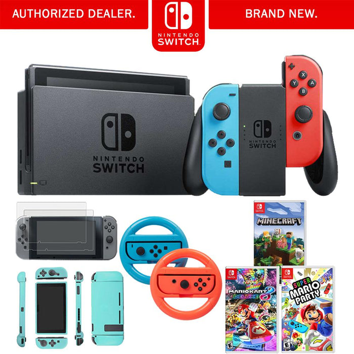 Nintendo Switch 32 GB Console, Neon Blue & Red Joy-Con + Super Mario Bundle Pack